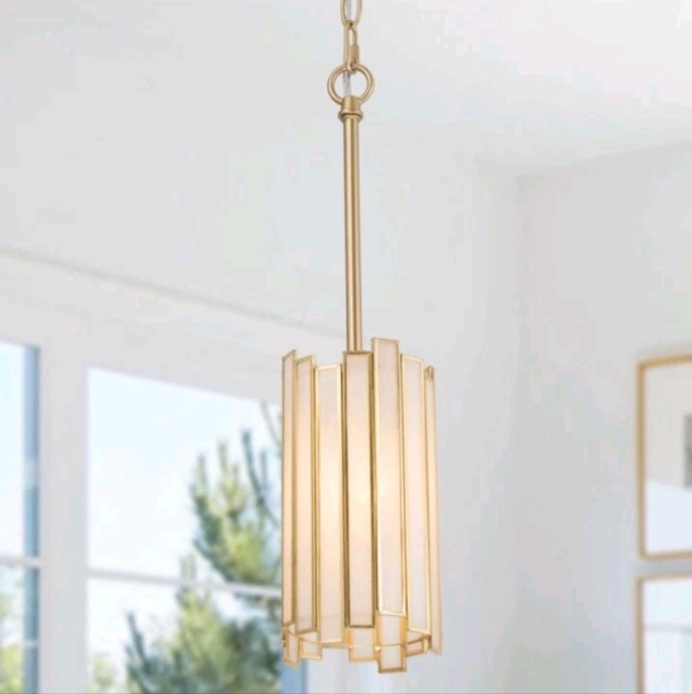 LNC Modern Gold 1-Lt Pendant Light Stained Glass Shade Cylinder Geometric A03889